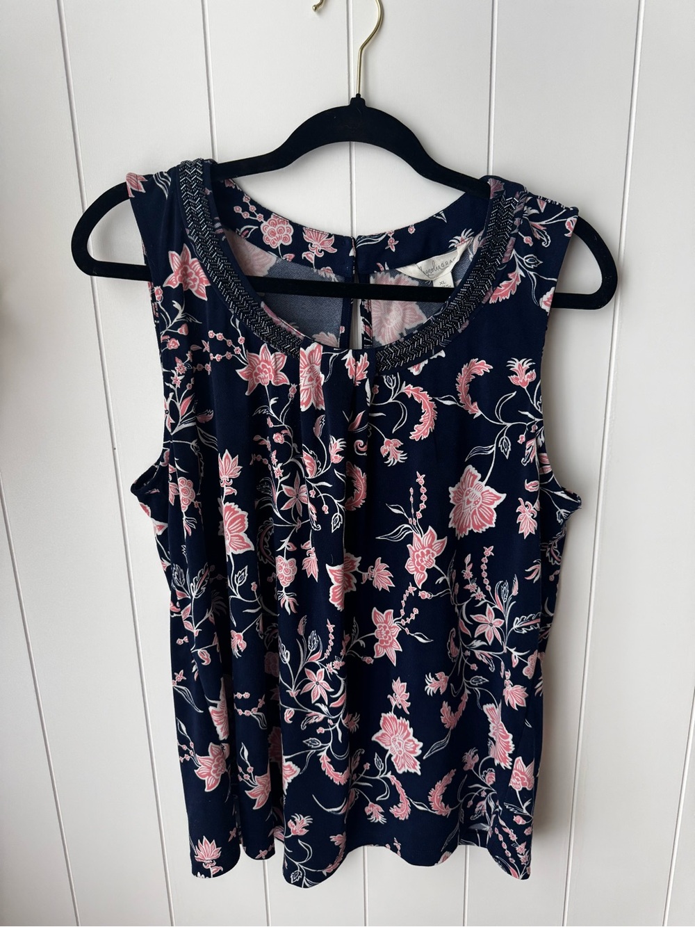 Magnolia Grace Beaded Top Floral Navy Pink Blouse XL